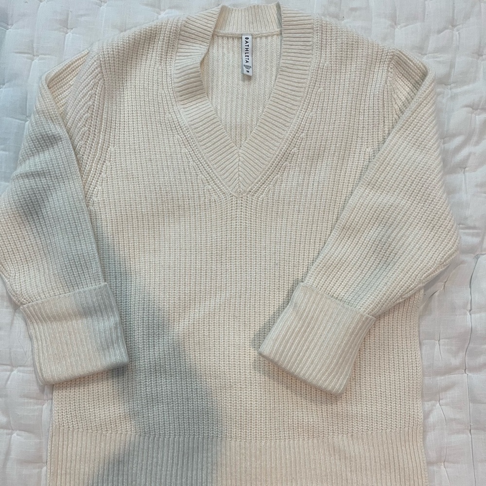 Athleta Long Cream V-Neck Ribbed Sweater
